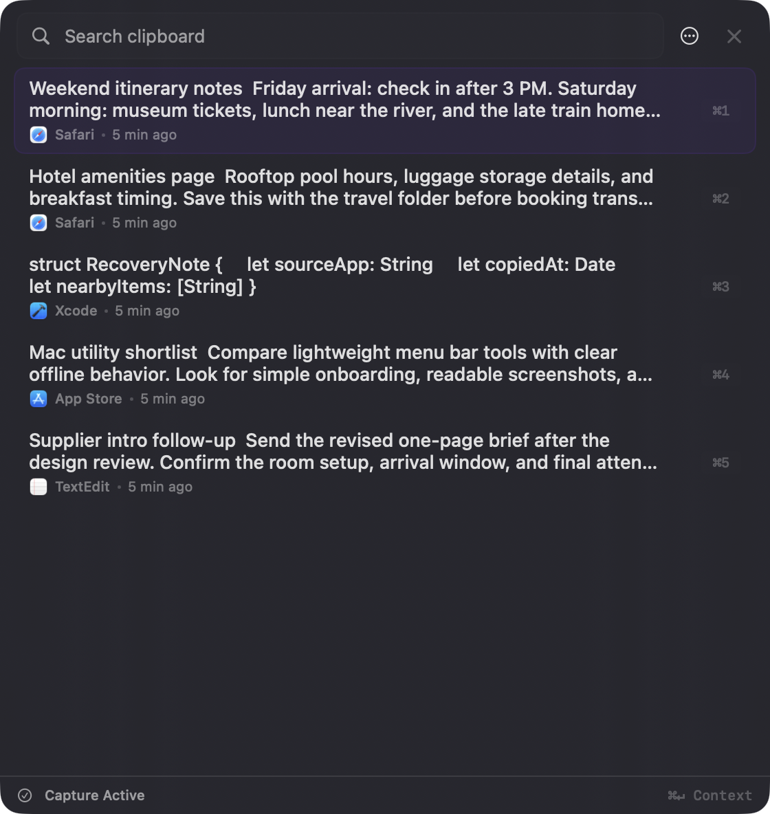 Breadcrumb Quick Panel preview with searchable clipboard history and source app labels