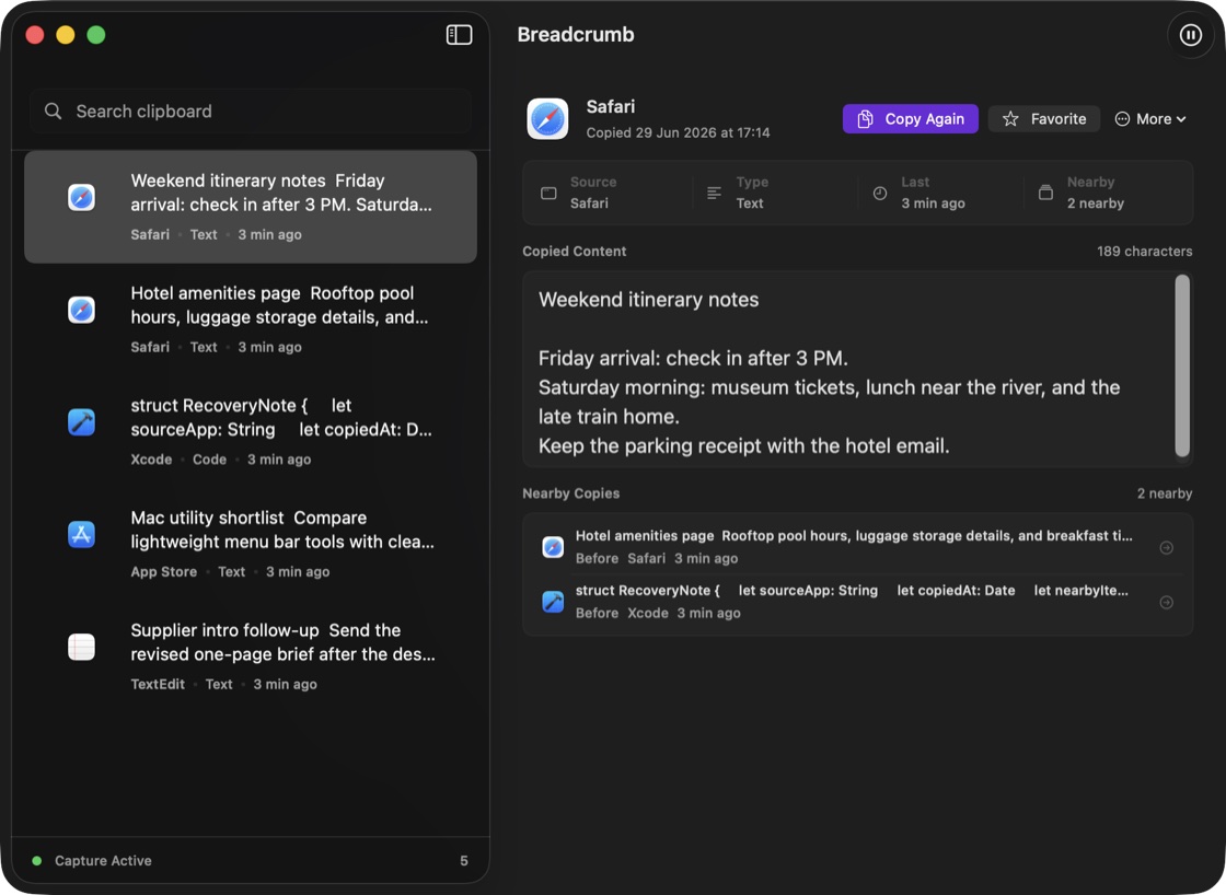 Breadcrumb product UI illustration showing copied content, source app, copy count, and nearby copies