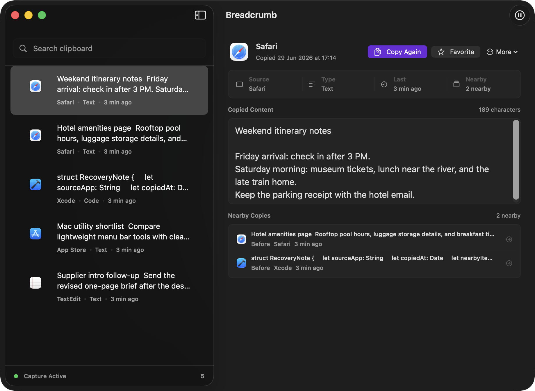 Breadcrumb source context screen showing copied content, source app, copy count, and nearby copies