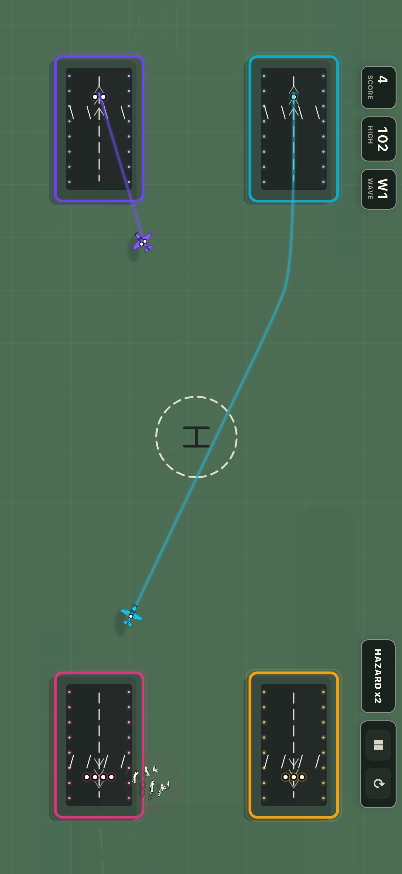 Gridlock: Terminal early game showing four landing pads and incoming aircraft on the green grid