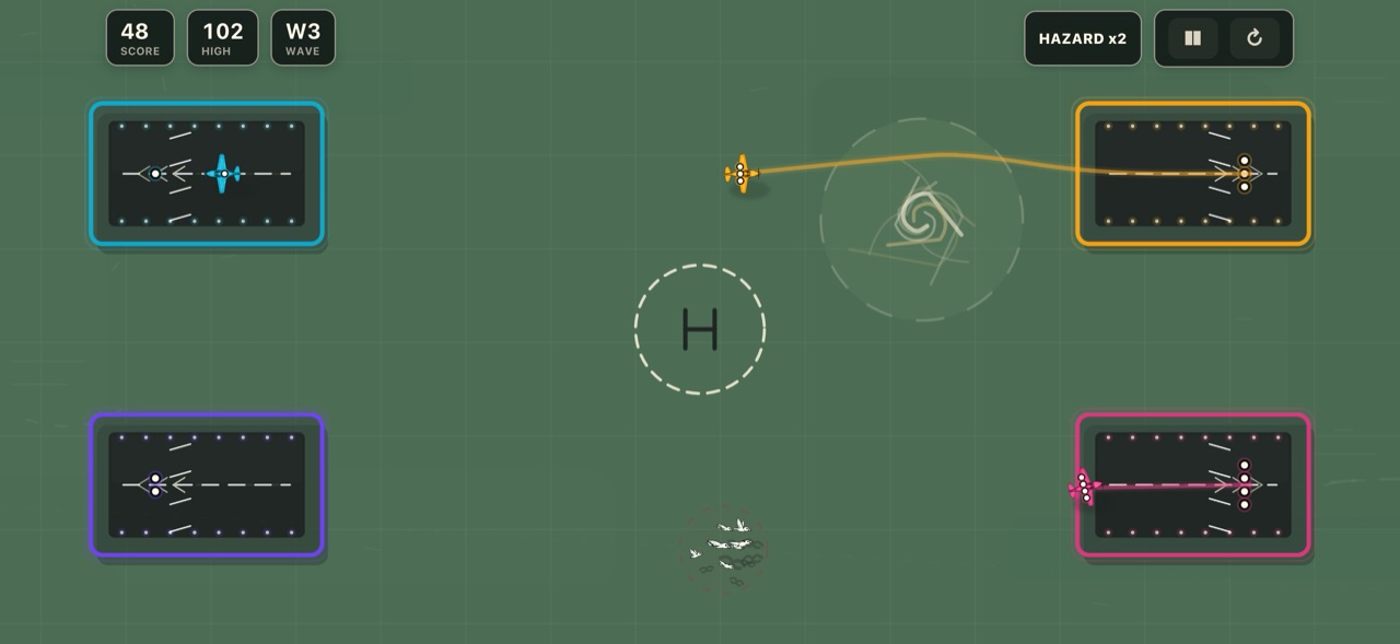 Gridlock: Terminal gameplay showing aircraft routes and four landing zones