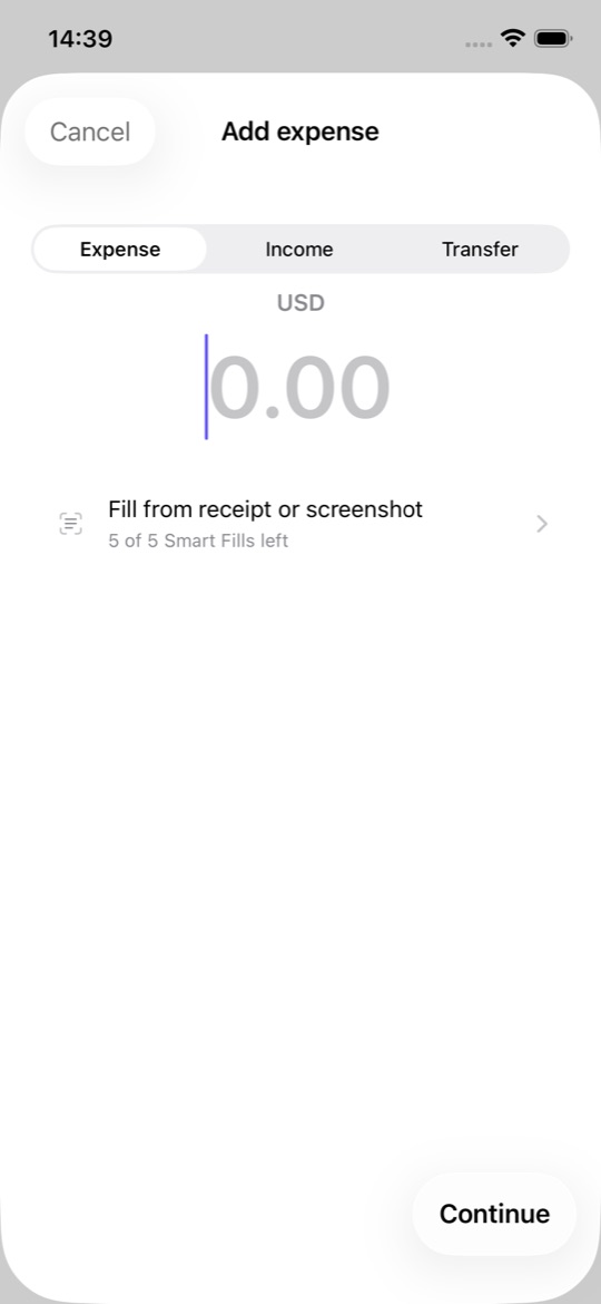 Spend Scout add expense screen with amount entry and receipt smart fill option