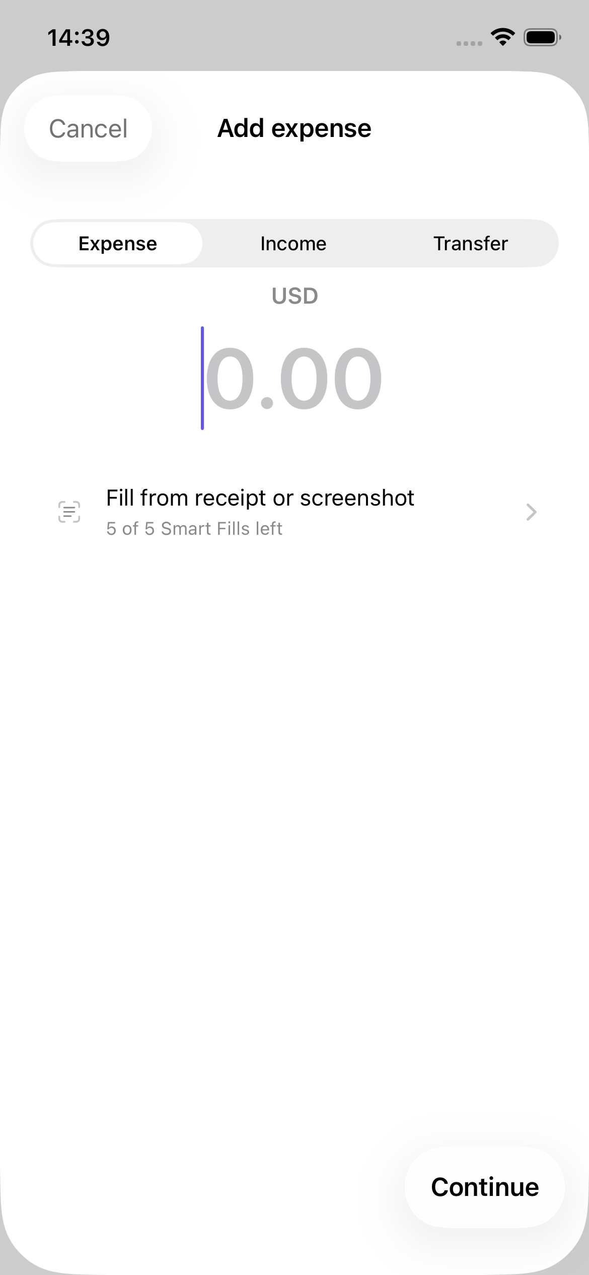 Spend Scout add expense screen with amount entry and receipt smart fill option
